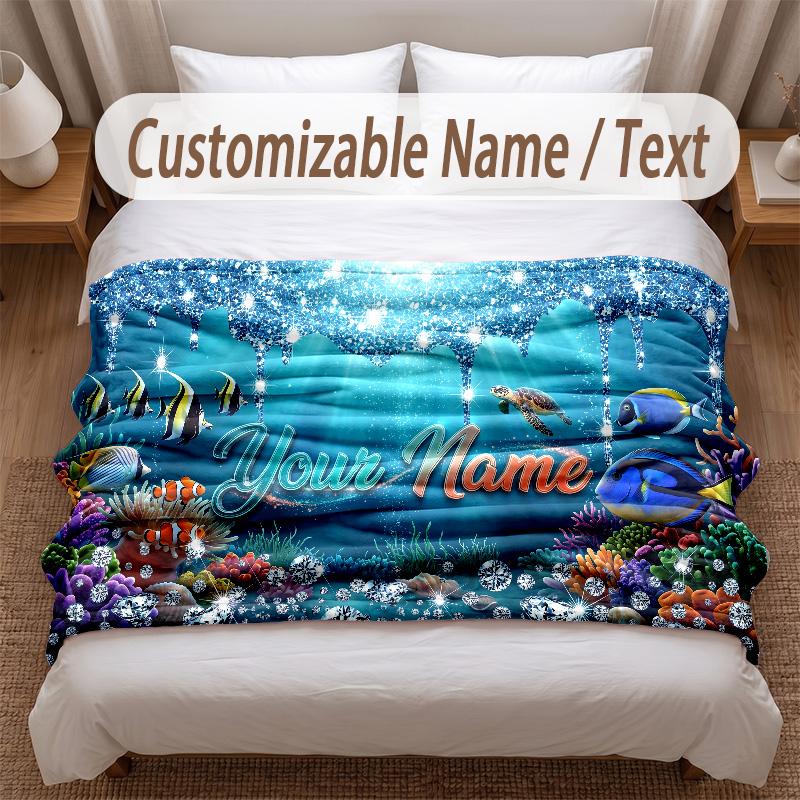 Fish Ocean Theme Soft Blanket Personalized Custom Name Text Print Warm Blanket Home Sofa Bedroom Decor