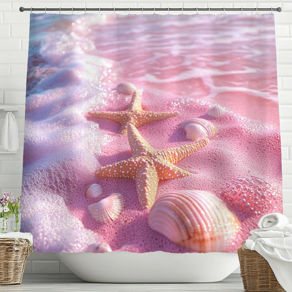 Ocean Beach Shell Starfish Printed Shower Curtain, Bathroom Decorative Shower Curtain,Waterproof Shower Curtain with Hooks