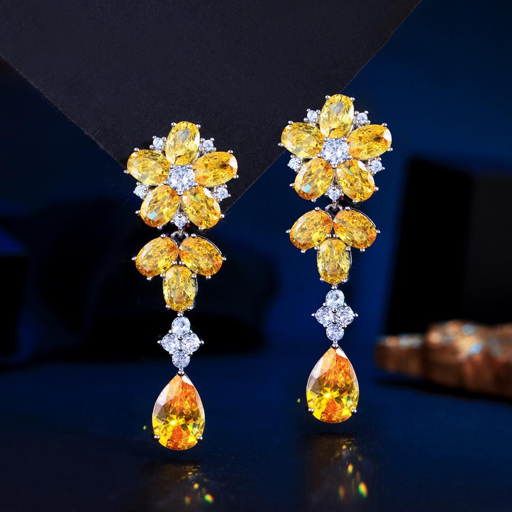 Light Luxury Long Flower Water Drop Zircon Earrings Super Flash Diamond Temperament Earrings Earrings