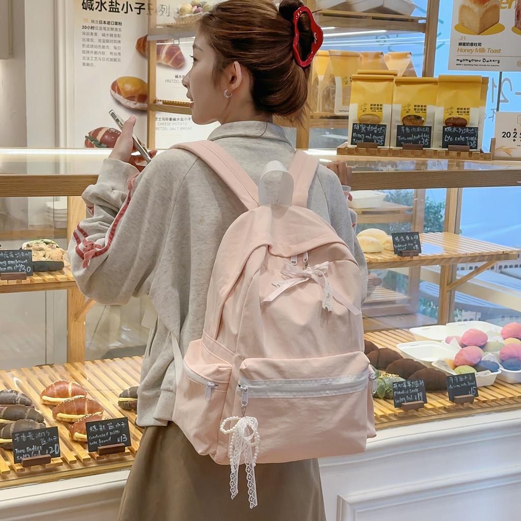Schoolbag New Bow Decorative Bag Junior High School Student School Bag Female College Student Simple Versatile Casual Double Shoulder School Bag
