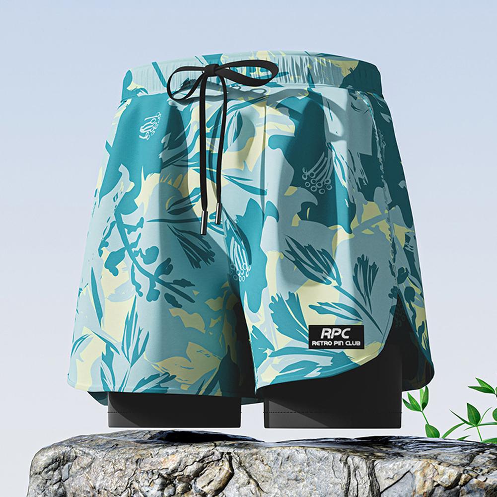 Printed Adult Men Swim Trunks 2 In 1 Quick Dry Double Layer Swim Shorts With Elastic Waist Slim Fit Trunks For Water Sports