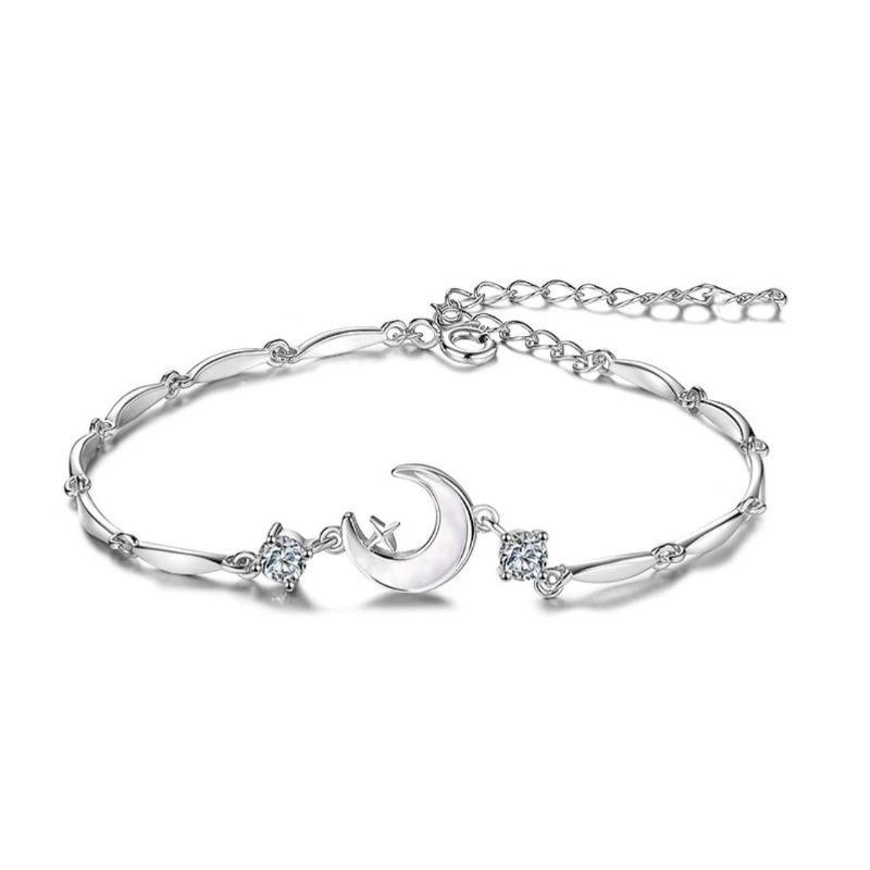 Women's Bracelet with Crescent Stars Inlaid with Zircon Shell Inlaid Moon Silver Jewelry Bangle