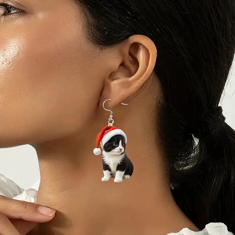 Adorable Kitten Christmas Hat Acrylic Earrings