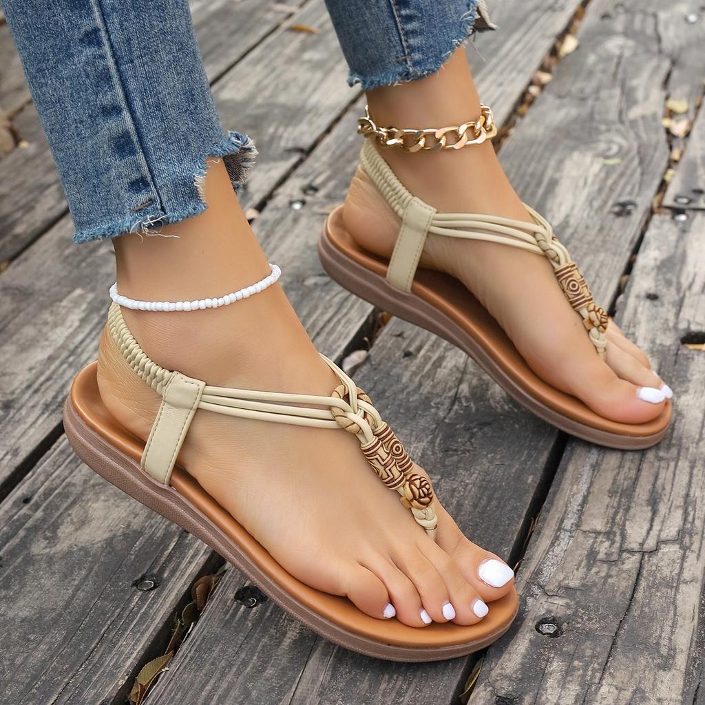 Fashion Flat sandals female national style 2 spring new Internet celebrity fashion toe beads Roman beach shoes
