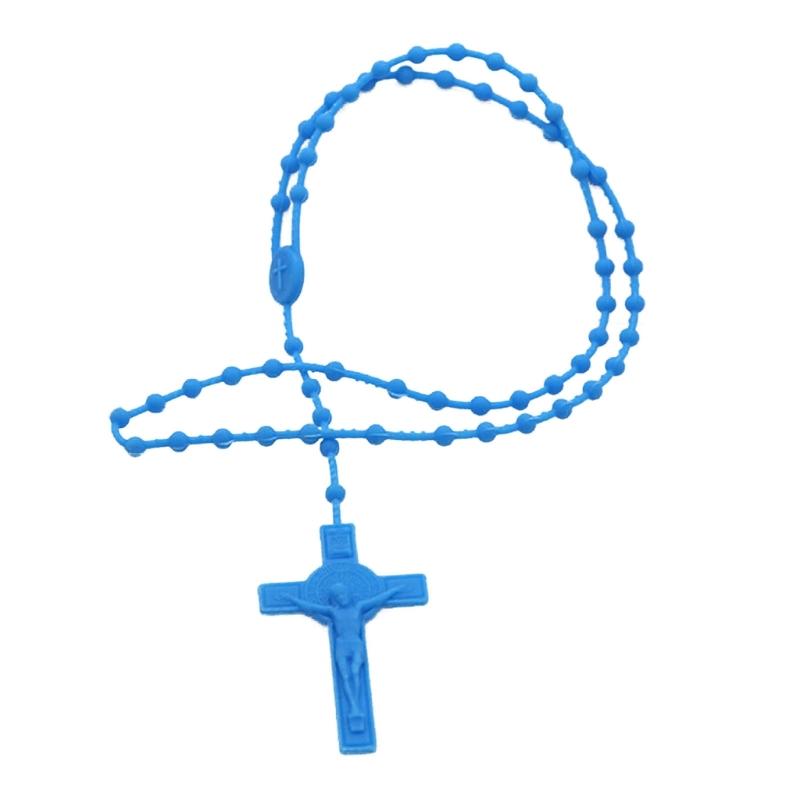 Fashion Rosary Beads Cross Pendant Necklace Women Link Chain Plastic Material Necklace Girl Religious Jewelry Party Gift