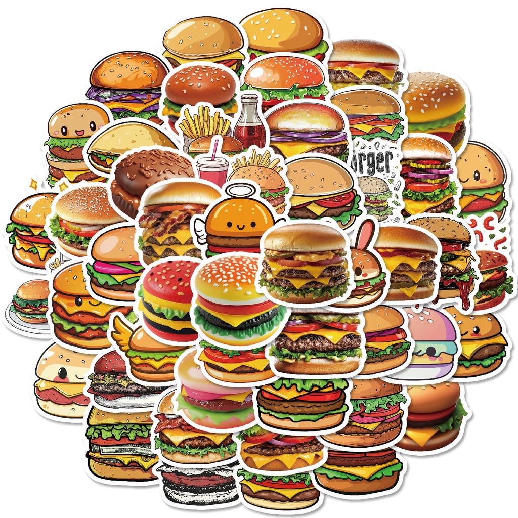 50Pcs Cute Cartoon Burger Stickers – Waterproof Reusable Decals for Luggage, Laptop, Journal