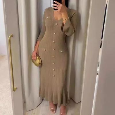 Frühling Herbst Damenkleid Knopfdekor V-Ausschnitt Gestrickt Lange Ärmel Schlank