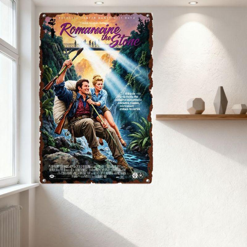 Romancing the Stone Vintage Movie Poster Metal Tin Sign, Jungle Waterfall Adventure Art Plaque for Man Cave Bar Home Decor