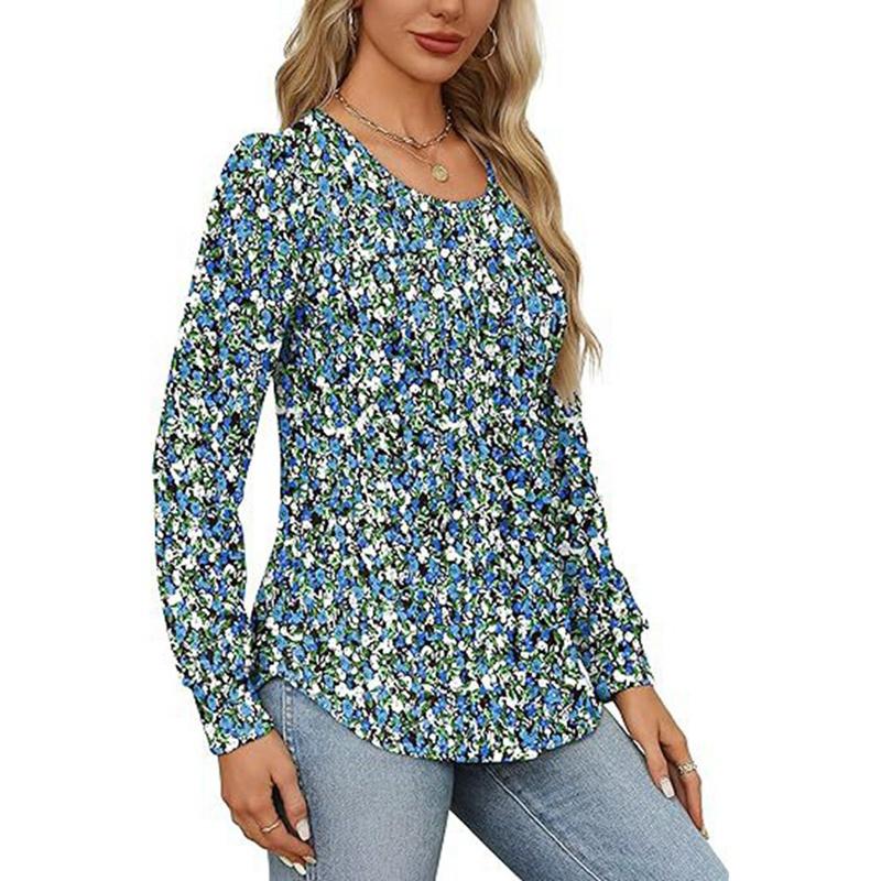 

Spring and Autumn Floral Pleated Crew Neck Long Sleeve Shirt Casual Top XL