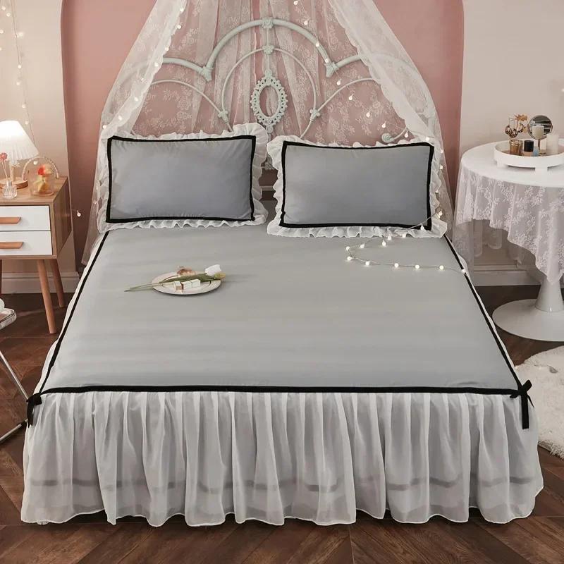 Vintage Style Bow Tie Bed Skirt Solid Minimalist Chiffon Lace Bedspread Little Fresh Mattress Protector Sheet