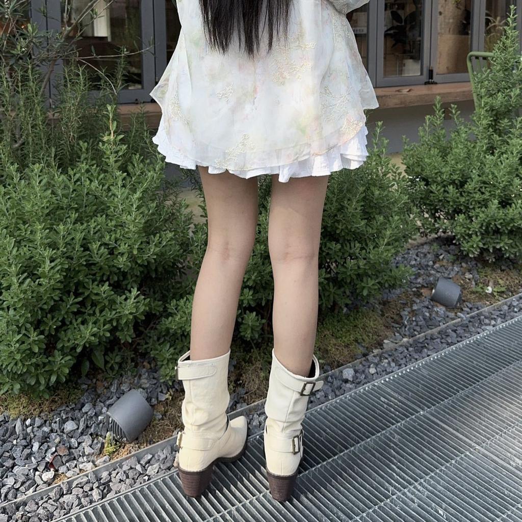 Cowhide version pointed thick heel white short boots women's 2025 new British style belt buckle Martin boots medium tube stacking boots