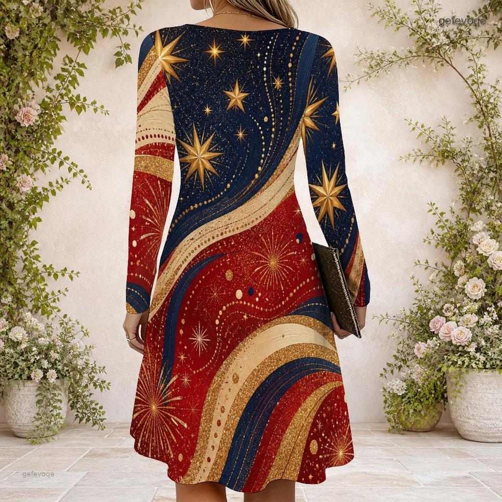 Women Cross V Neck Long Sleeve Dress Red Blue Golden Star Firework Print Irregular Hem Dress