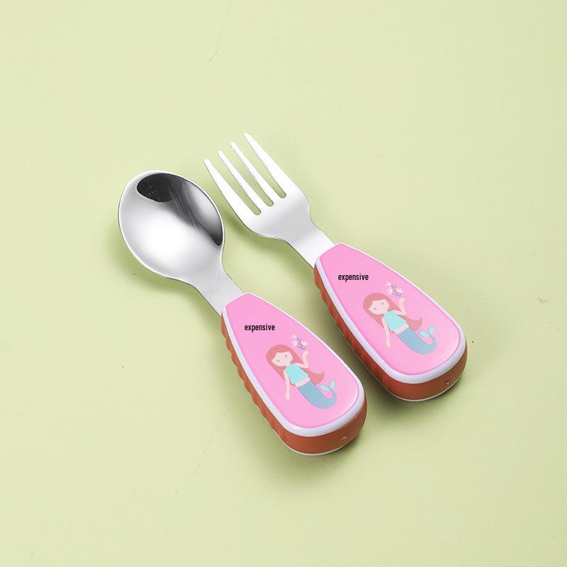 304 Stainless Steel Kids' Cartoon Cutlery Set - Short Handle Spoon & Fork for Baby Training