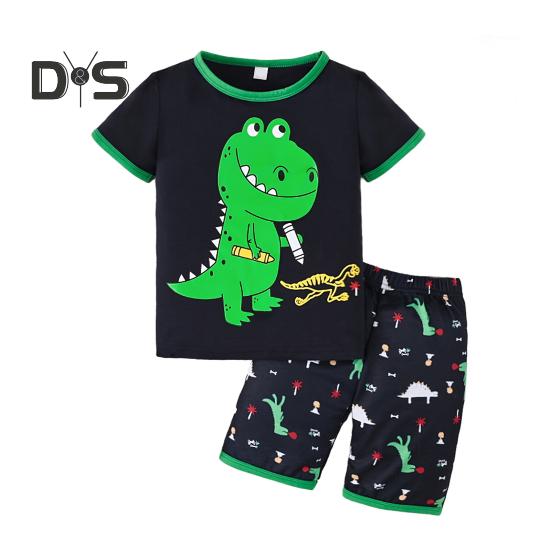 

Одежда для малышей, комплект с шортами, зеленая пижама с принтом динозавра, хлопковые футболки с круглым вырезом, комплект с шортами, летняя повседневная одежда 120cm