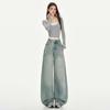 Retro Blue Distressed Denim Wide-Leg Pants for Women