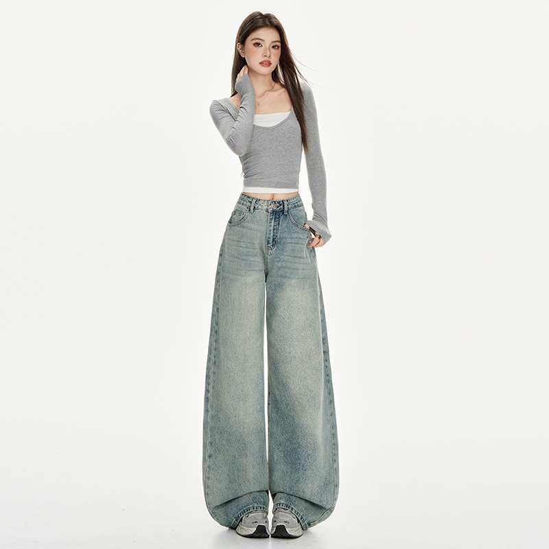 Retro Blue Distressed Denim Wide-Leg Pants for Women Medium
