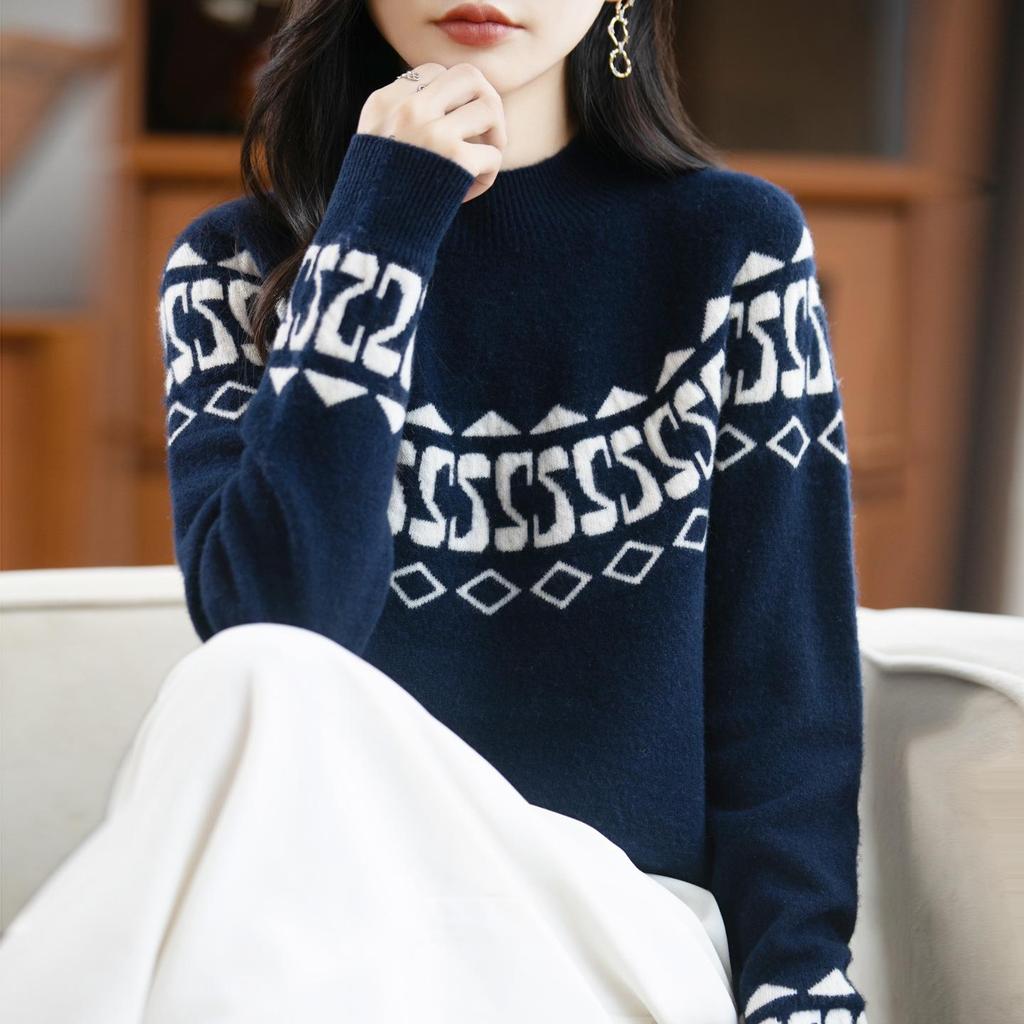 Women's Vintage Fair Isle 100% Merino Wool High Neck Sweater - Loose, Trendy Color Block Knitwear
