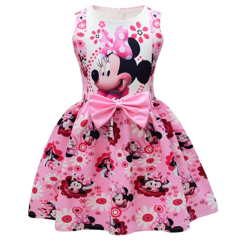 Cute Minnie Mouse Print Girls Sleeveless Dress A-Line Big Pink Bow Flared Skirt Floral Cartoon Kids Princess Sundress for Birthday Party Daily Wear