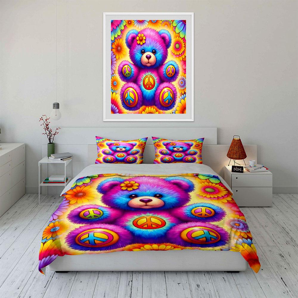 Colorful Teddy Bear with Peace Symbols Print Bedding Set 1 Duvet Cover 2 Pillowcases for Adult and Children Luxury Gift
