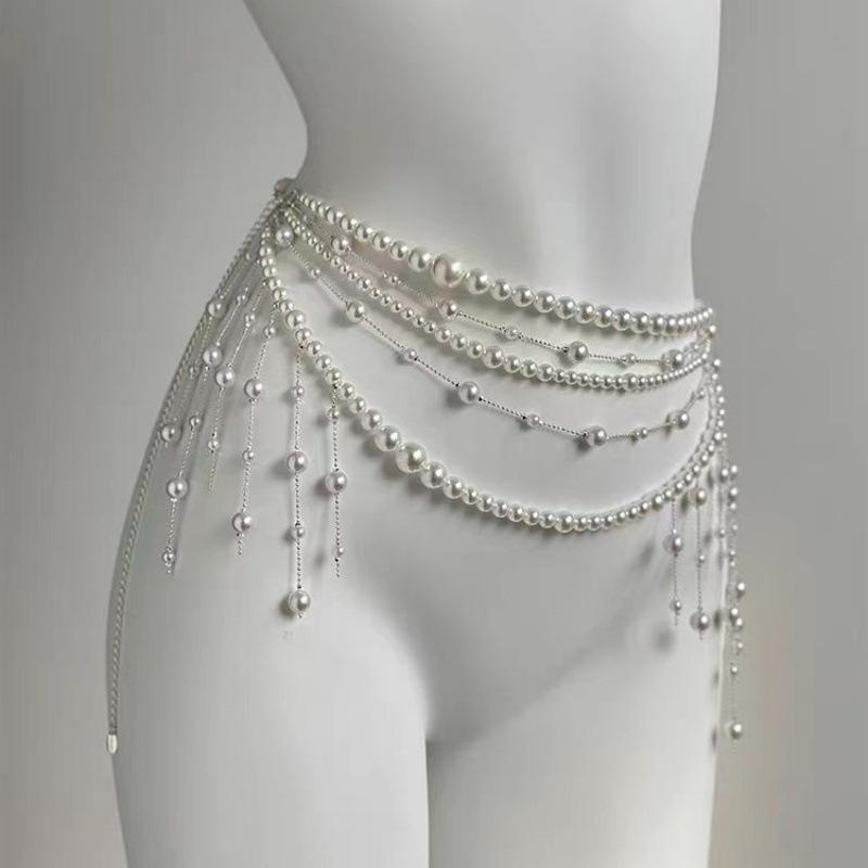 Adjustable Fit Multilayer Pearl Waist Chain 1Pc Retro Y2K Designer Women's Belt for All Body Types Daily Wear