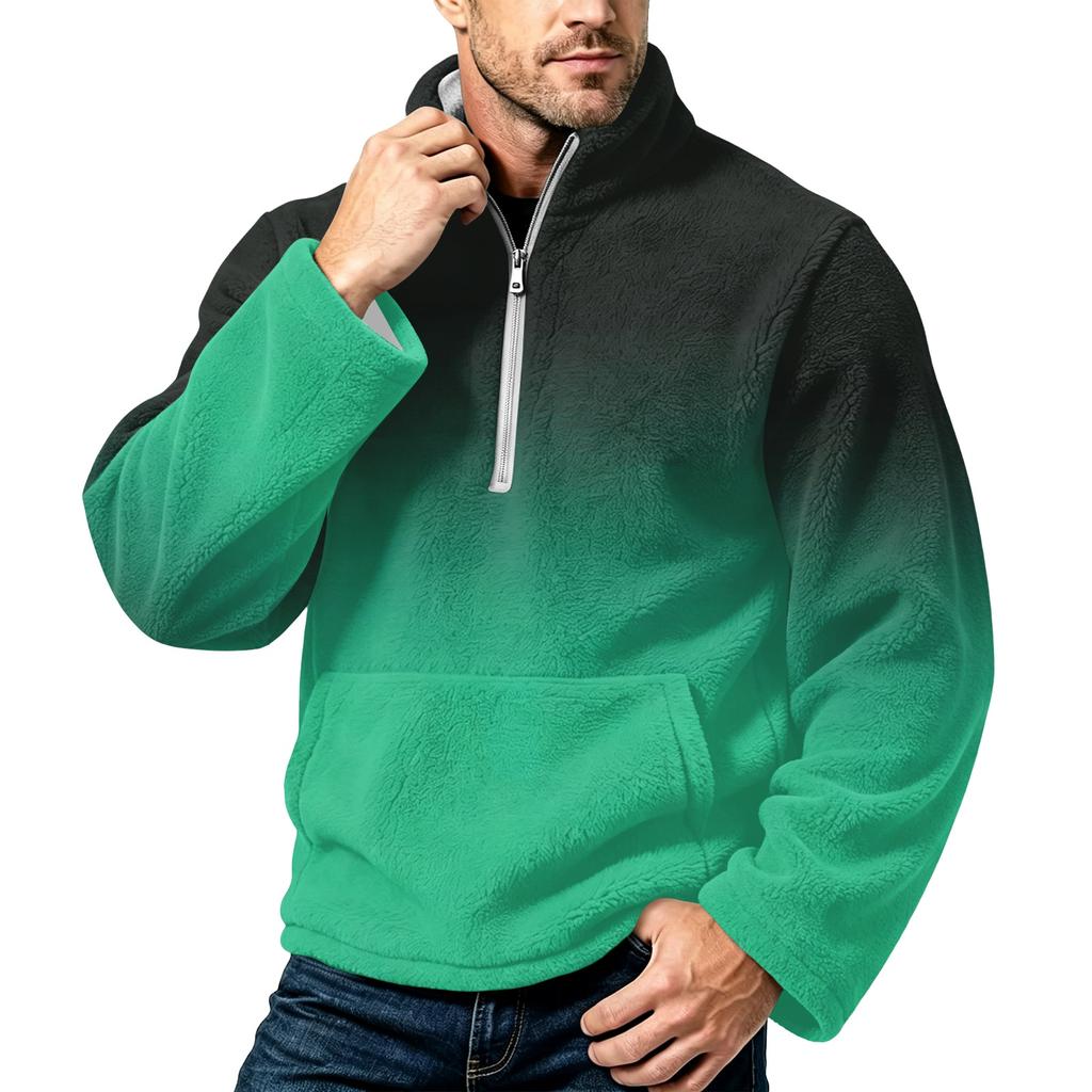 Men's Flannel Zip-Up Sweatshirt with Two-Tone Gradient Print, Stand Collar, Plus Size, Casual Fall Winter Fashion