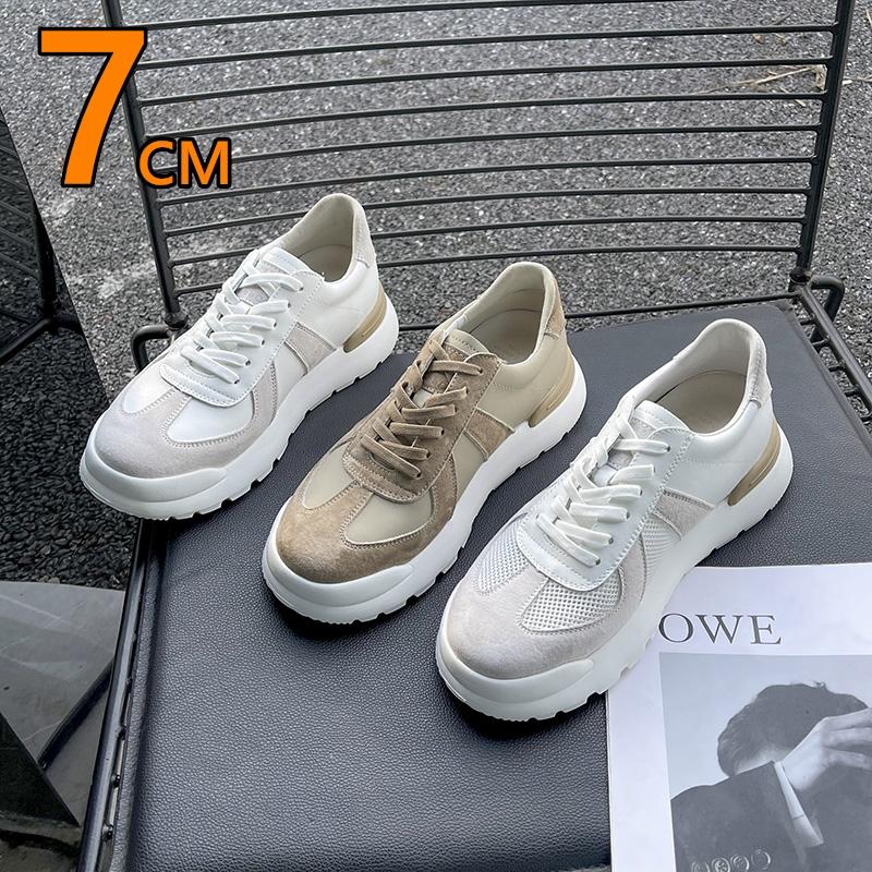 Elevator Casual Sneakers Man Genuine Leather Mesh Lace-Up Round Toe Platform Shoes 7cm Height Increase Shoes Men Lift Sports
