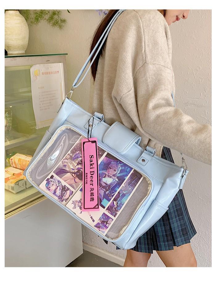 Japanese-Style Large Capacity Transparent PU Multi-Use Backpack, Crossbody & Handbag with Anime Badge
