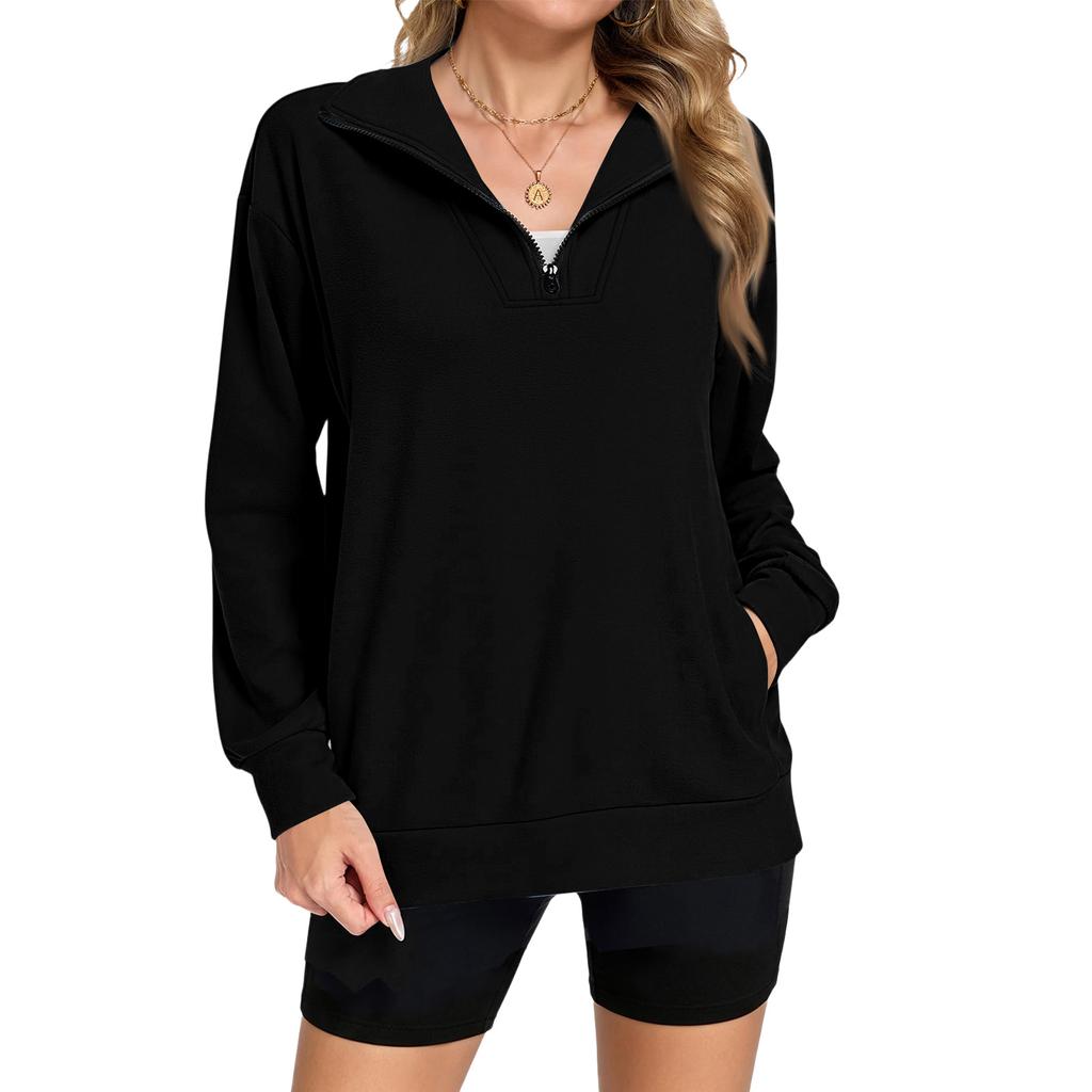 Women's Casual Zip-Up V-Neck Loose Fit Long Sleeve Sweatshirt