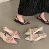 Fashion Sweet Flower Decoration Silk Sandals Women Slingback Summer Party Shoes Pointed Toe Pink Floral Sandalias Mujer Bwotie Sandales