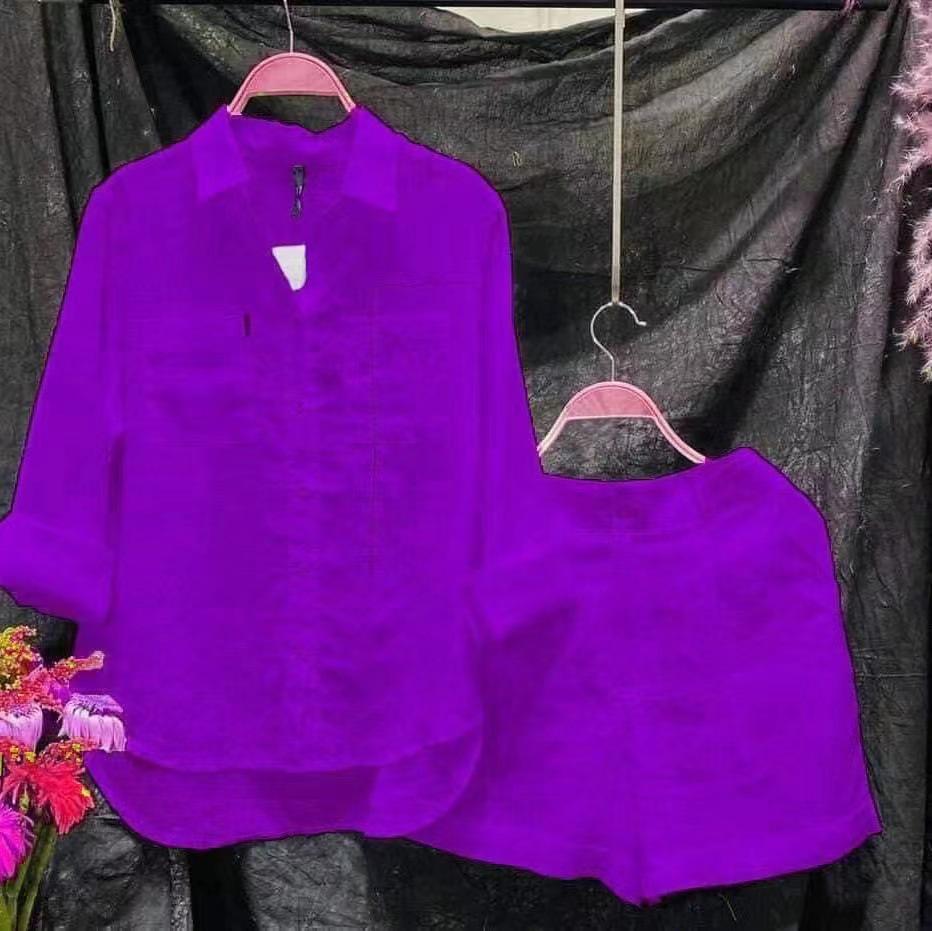 Women's Cotton & Linen Two-Piece Shirt Set - Solid Color, Spring/Autumn Fashion