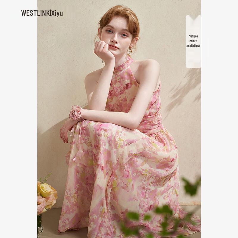 

Xiyu Платье-халтер с оборками, цветочный принт, А-силуэт, длинное XL