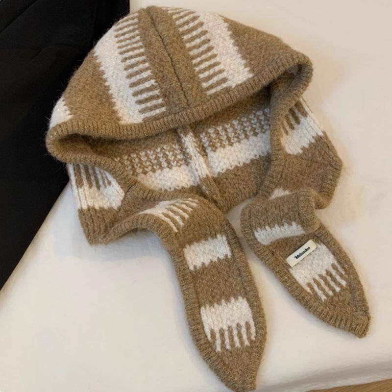Ins Wind Black and White Striped Balaclava Hat Women's Winter Wool Warm Ear Protector Knitted Hat Scarf