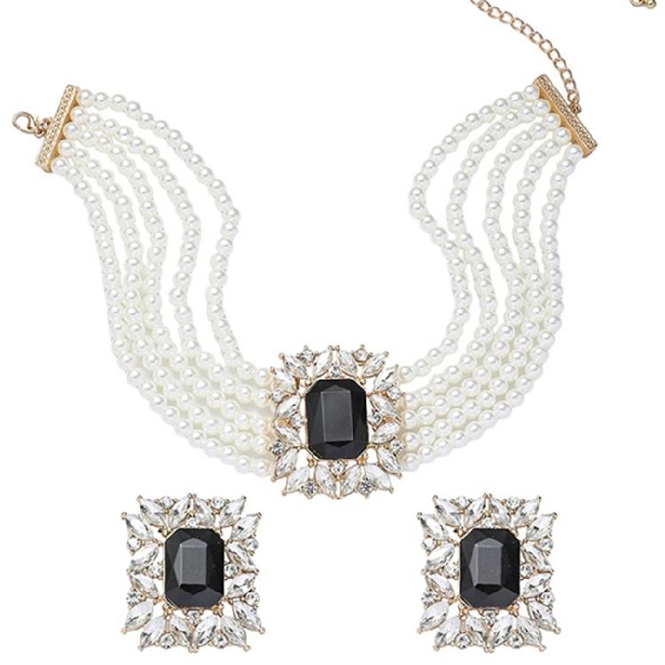 Chic Geometric Design Colorful Crystal Accented Layering Pearls Necklace And Earrings Jewelry Set for Gatherings