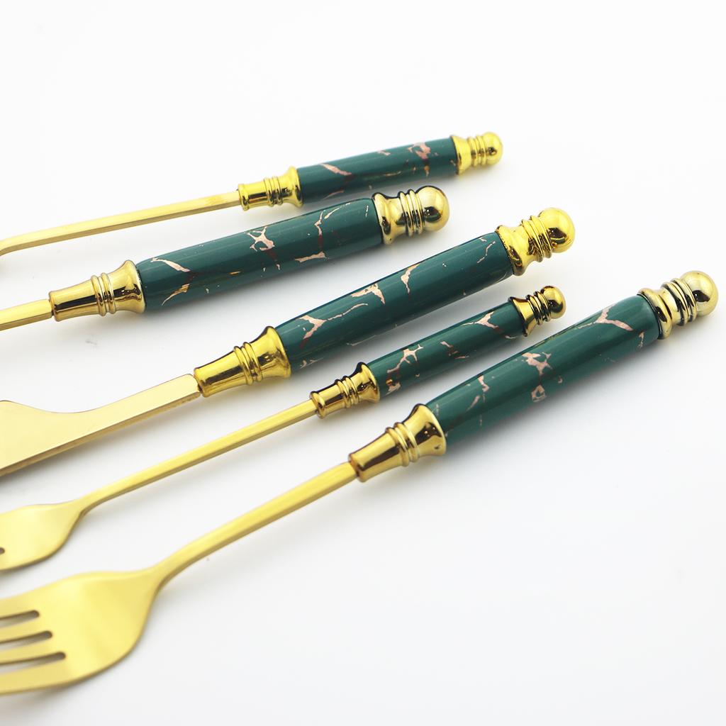 Juego de cubiertos dorados con mango de cerámica de imitación, vajilla de acero inoxidable 304, cuchillos, tenedores, cuchara con soporte para cubiertos, 24 Uds.