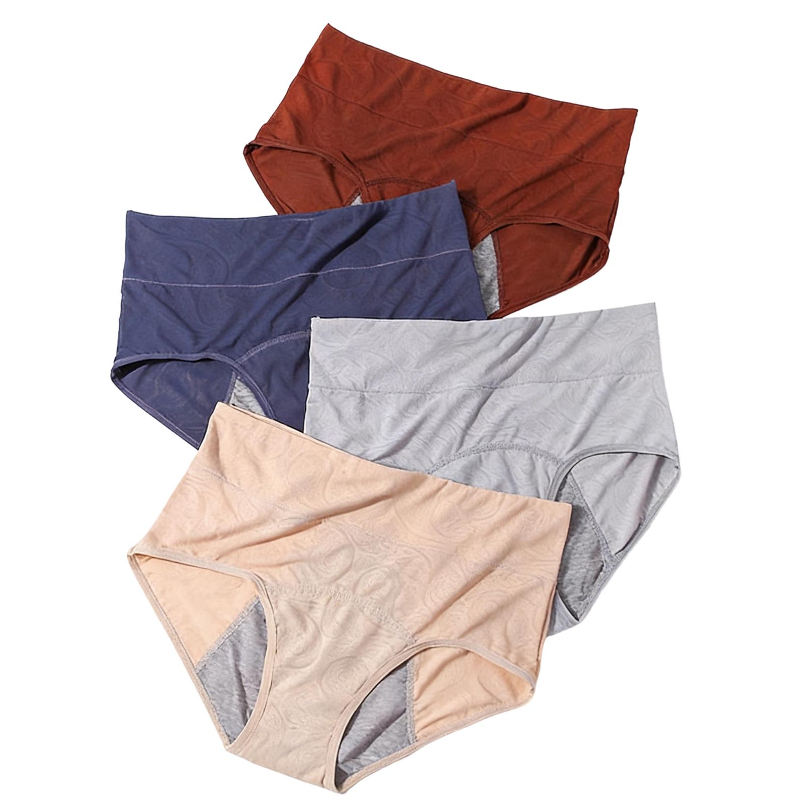 High-Waisted Period Panties for Women 4-Pack Breathable Leakproof Underwear 3-Layer Absorbent Mesh Stretch Briefs, Apricot Gray Blue Camel XS