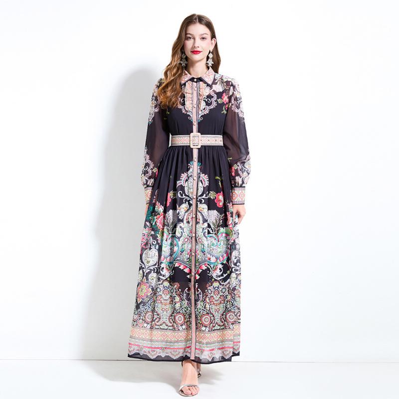 Original Design SS '25 Chiffon Blouse & Waist-Gathering Ruffle Long Dress Set with Collar Print, Long Sleeves.