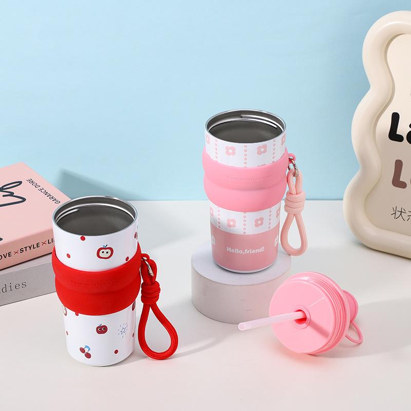 New Fashionable Household Stainless Steel Thermos Cup, Simple and Creative Coffee Cup with Lifting Rope, Cute and High-value Gift Cup