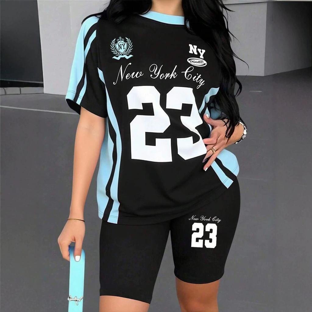 1116 new casual sports style digital printing shoulder sleeve T-shirt high waist tight shorts fashion suit women