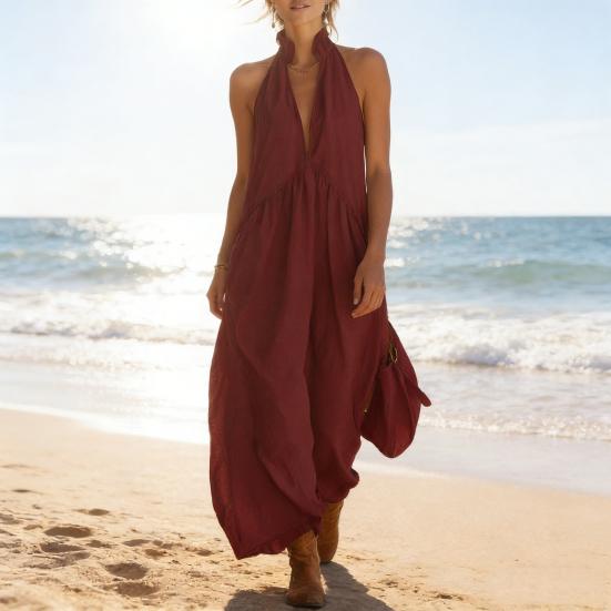 Maxikleid für Damen Lässig Locker V-Ausschnitt Ärmellos Boho Langkleid Strandurlaub Fließendes Sommerkleid mit Taschen