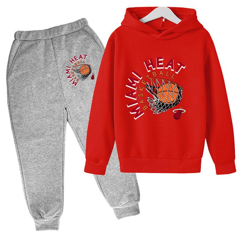 Autumn Winter Miami Heat Basketball Hoop Printed Hoodies Sweatpants Set Fashionable Casual Warm Sports Long Sleeved Pants Men's Sport Wear