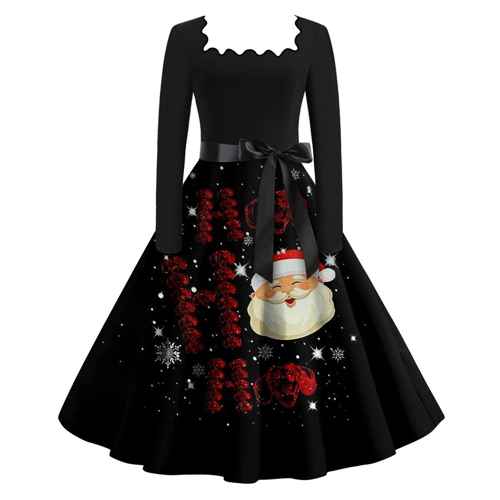 Kvinners mote Firkantet hals Uformell Slim Juletrykt Langermede kjoler