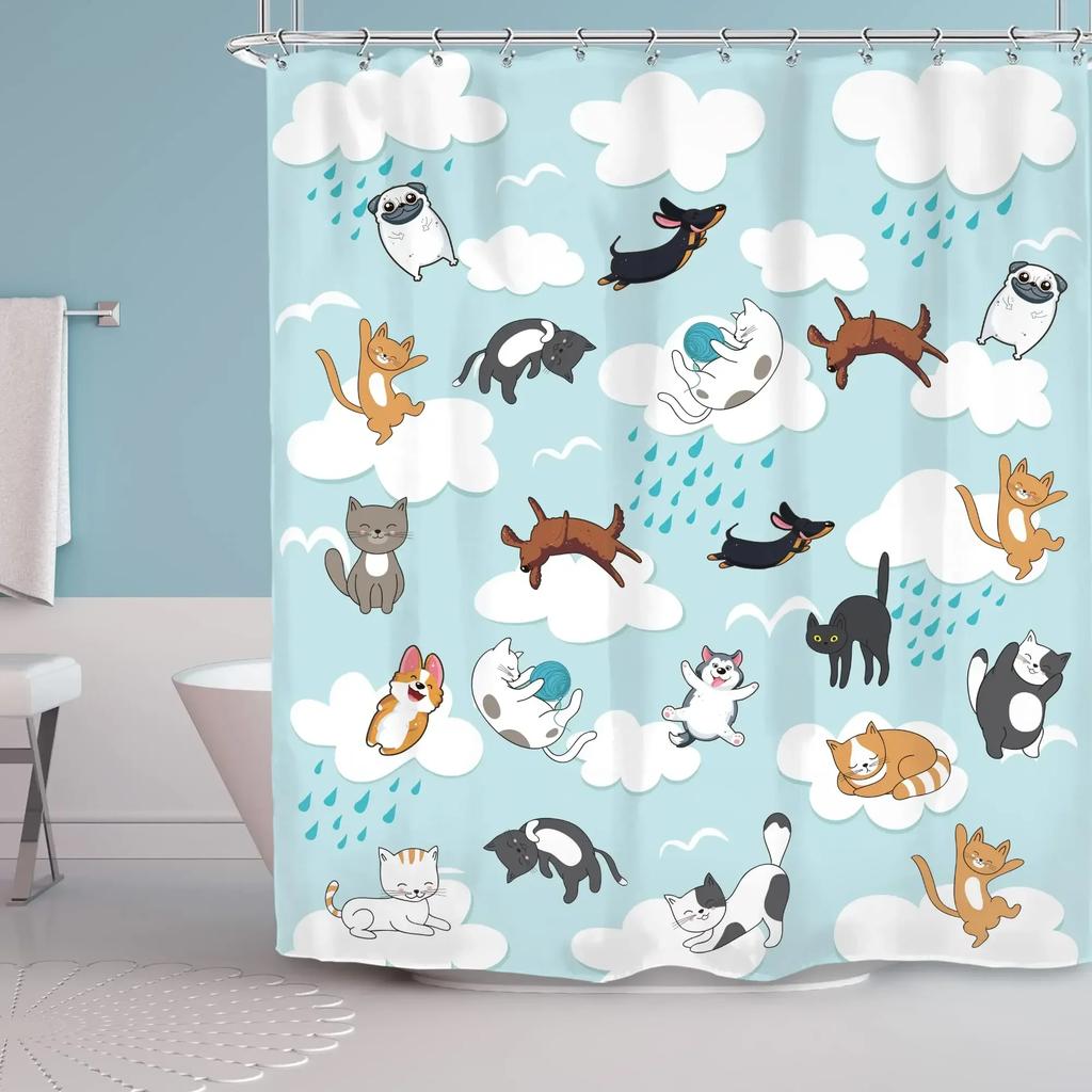 Cats and Dogs Shower Curtain Raining Cartoon Corgi Cute Animal Hilarious Pet Playing Water Polyester Waterproof Bathroom Curtain