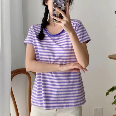 Top da Donna a Strisce con Scollo a O Casual Estivi Semplici All-Match Pullover T-shirt Colorate a Contrasto