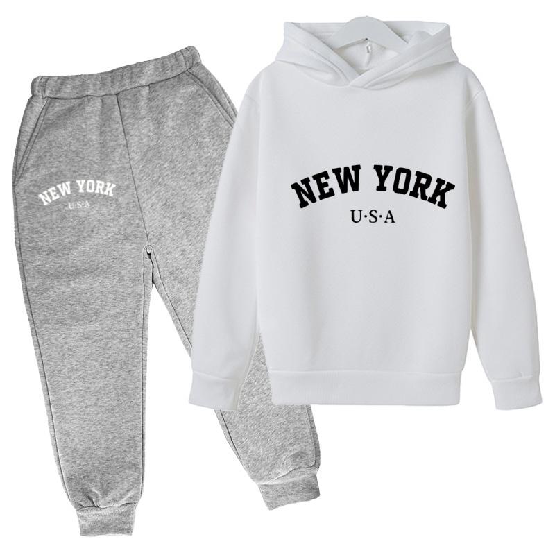 Kids Fashion Hoodie Boy Girl Toddler Pullover 3-12Years NEW YORK USA Letter Print Clothes Casual Top+Trousers 2P Coat Sports Set