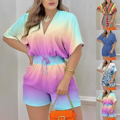 2024 Summer European & American Women's V-Neck Tie Short Sleeve Jumpsuit
