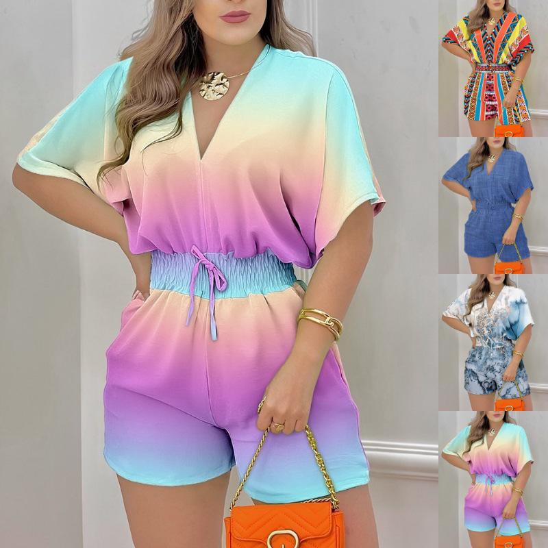 2024 Summer European & American Women's V-Neck Tie Short Sleeve Jumpsuit