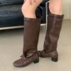 Fashion Liyke New Fashion Round Toe Lace Up Pleated Knee High Boots Woman Low Square Heels Autumn Winter Leather Ladies Shoes Booties