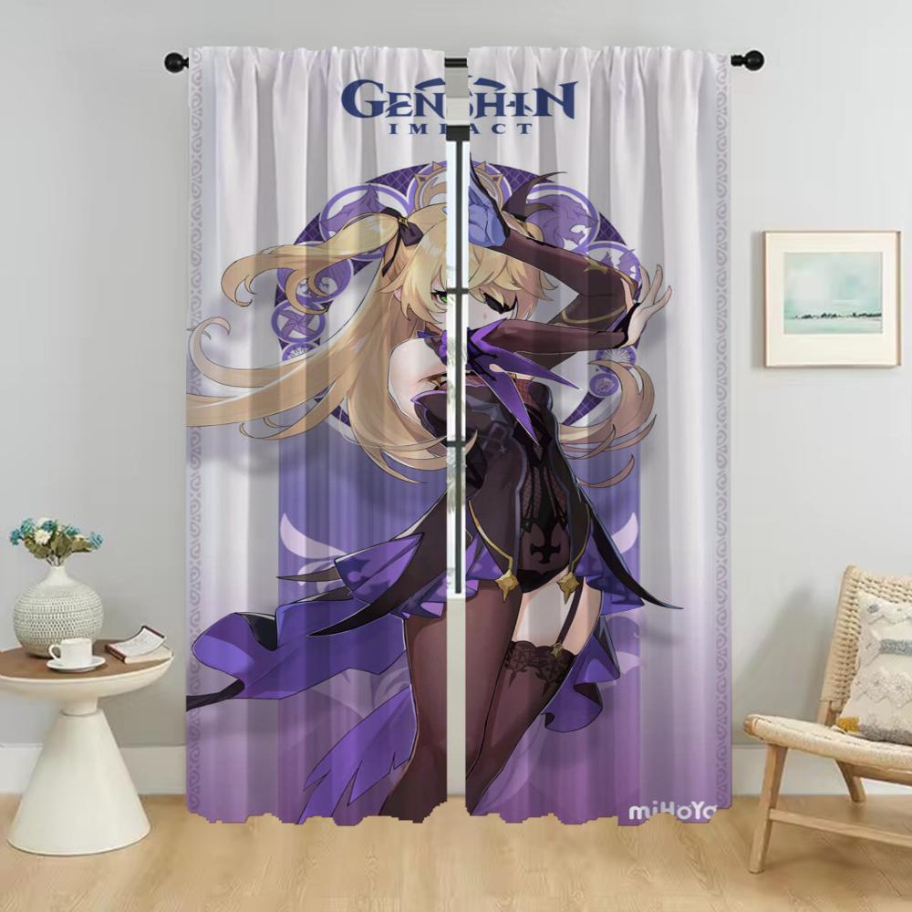 Blackout Curtains for Camera Genshin Impact Elegant Room Curtains 2 Pieces Partition Living Room Curtain Tulle for Bedroom Child