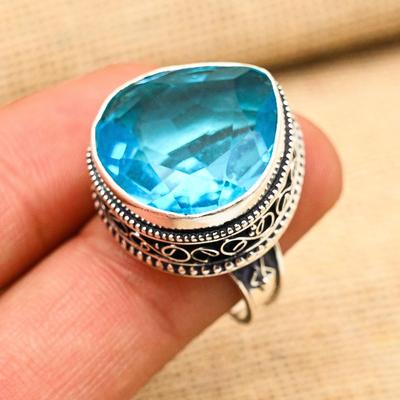 Blue Topaz Gemstone Handmade 925 Sterling Silver Ring Jewelry For Memorial Day