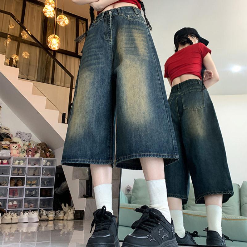 High Street Vintage Wide-Leg 7/10 Denim Capri Pants for Women Summer High-Waist Plus Size  Slimming Loose Straight Short Trousers